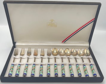 Korean 70 + 99% Sterling Silver Enamel Spoons and Forks