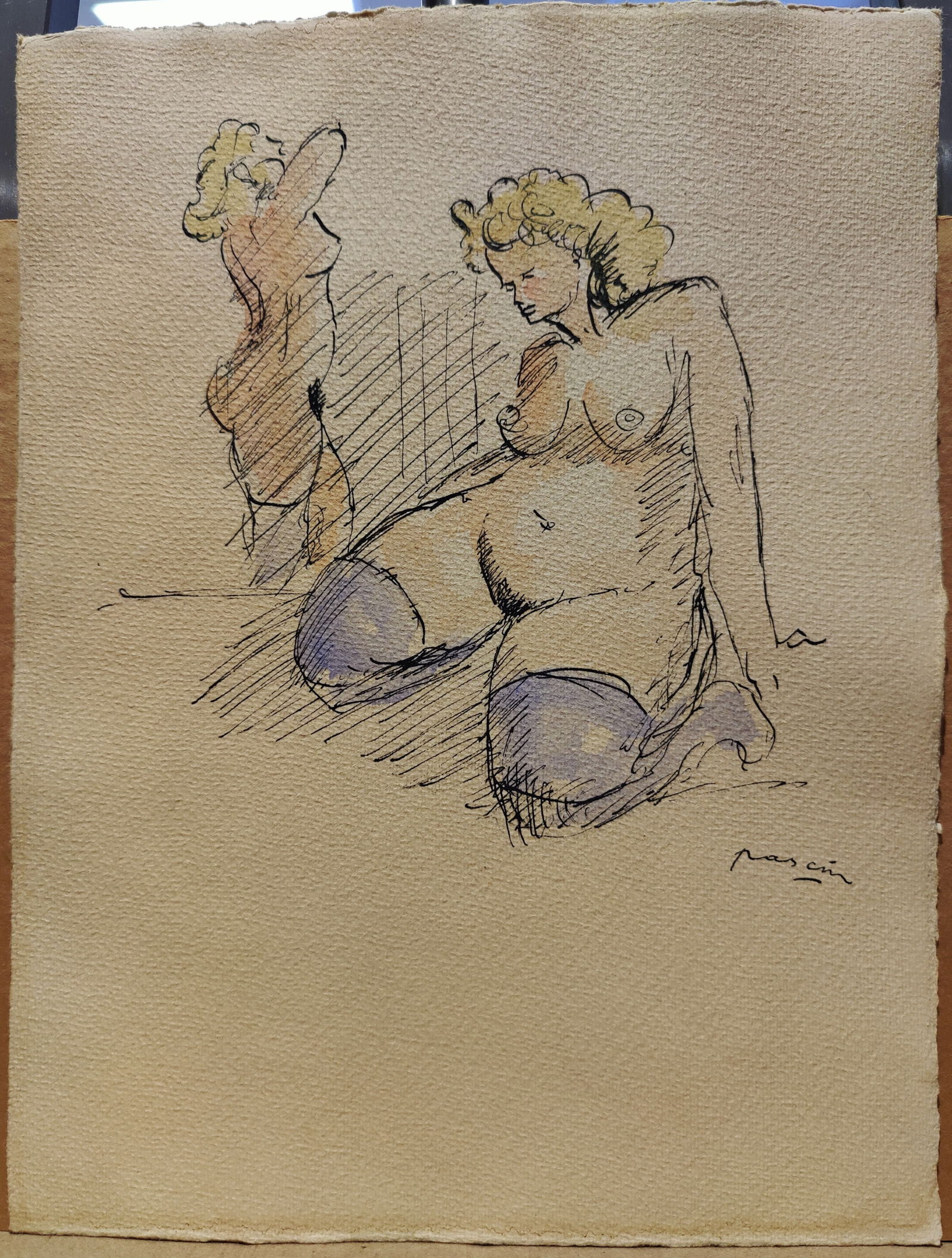 Jules Pascin Pen, Ink and W/C Blonde Nude Woman Study: Jules Pascin (New York, France, Bulgaria, 1885 - 1930) pen and ink and watercolor study of a Nude Blonde Women. An early 20th c. Modernist Study work on paper by Pascin and signed lower right. Good co