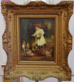 August Laux O/C Young Girl Feeding Her Chickens 1906