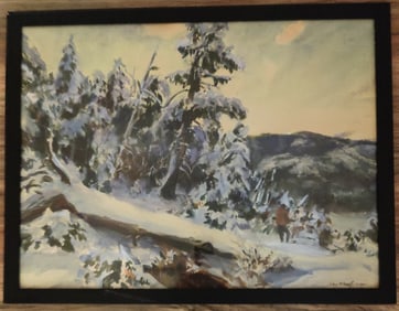 John Whorf Gouache Winter Landscape with Hunter 1950s