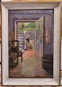 Leon Frederic O/C Interior Exterior Washing Clothes c. 1920s