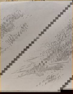 Jack Davis Pencil Drawing Illustration Chilkoot Trail: Jack Burton Davis (New York, Georgia, 1924 - 2016) Mad Magazine Illustrator pencil drawing titled "Chilkoot Trail" depicting a hiker, hitchhiking. Very good condition on 24 lb. copy paper. Signed in p