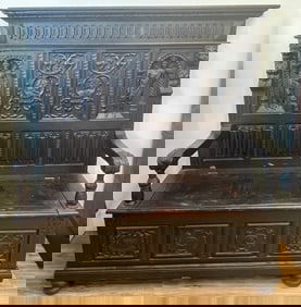 19th Century Jacobean Heavily Carved Oak Hall Bench