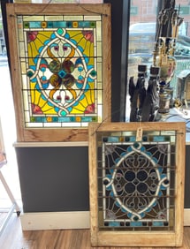 Pair of Victorian Jeweled Leaded Glass Panels