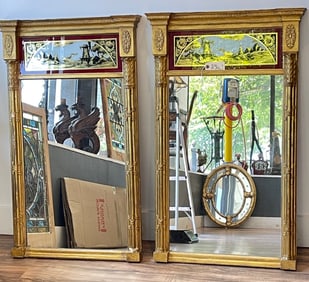 Pair of Regency Style Eglomise Giltwood Mirrors