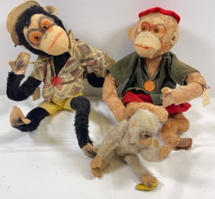 c1950s Lot of 3 Stuffed Mohair Monkeys