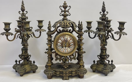 Victorian 3 Piece Bronze Clock Set