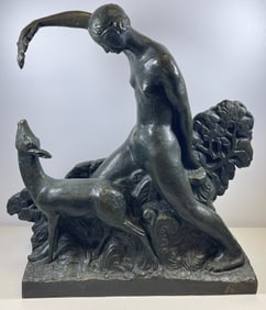 Pierre Vigoureux (French 1884 - 1965) Bronze Depicting Nude Feeding Fawn