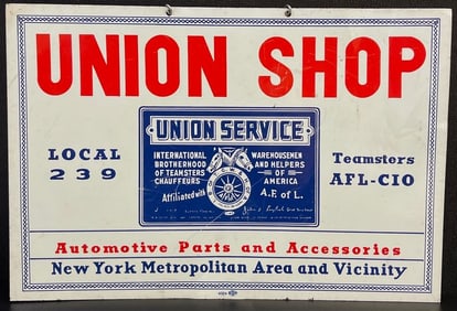 c1950 Tin Litho Metal Sign Union Shop Card NYC