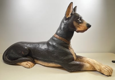 Antique Folk Art Carved Wood Doberman Dog Sculpture
