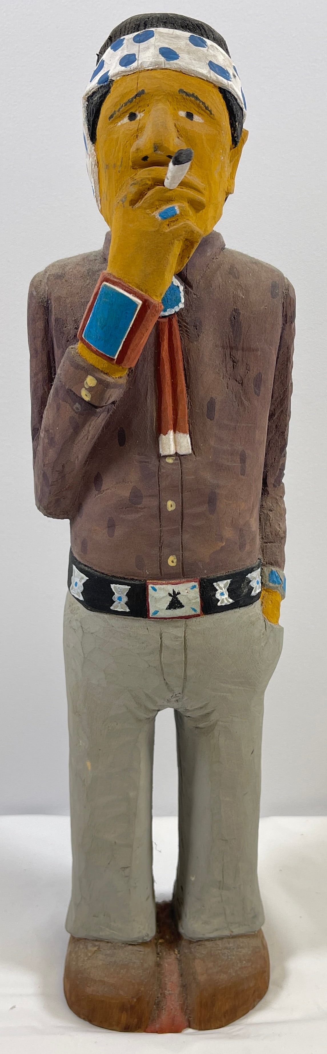 Johnson Antonio Carved Wood Smoking Navajo Native American: Johnson Antonio. Smoking Native American 1994. Signed and dated. Carved and painted cotton wood. 12.25 in high.
