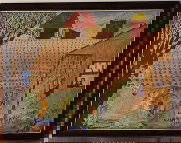 Barn Dance Folk Art by Curly Pig Monogram Signed