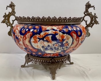 19C Japanese Imari Porcelain bowl With Gilt Mounts