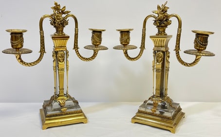 Pr French Baccarat Bronze & Crystal Double Candlesticks