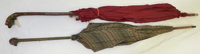 Lot of 2 Victorian Parasols with Carved Wood Handles