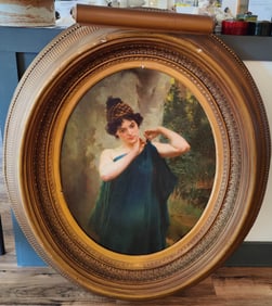 19th c. O/B Portrait of a Beautiful Dressing Maiden in the Forest