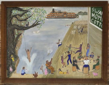 Party at the Pier, Naive Folk Art Signed Curly and Pink Pig