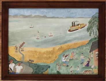 Hoedown by the River, Folk Art Signed Curly and Pink Pig