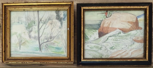 Pair Petro Cholodny or Kholodny Jr Pencil Landscapes