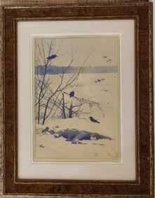 Illegibly Signed Ukrainian Snowy Landscape w/ Dead Soldier