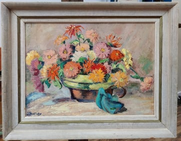 E Zavatsky O/B Still Life Titled Zinnias from the Garden
