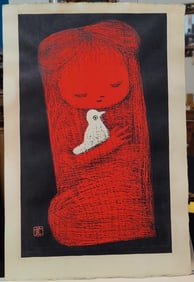Kaoru Kawano Woodblock Etching Titled Girl With Dove
