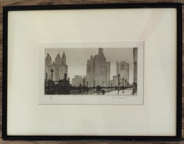 Samuel V. Chamberlain Etching Titled Drizzly Morning in Chicago