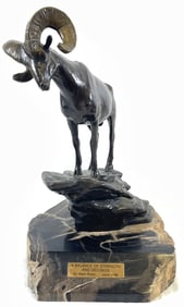 Mark Rossi "Balance of Strength & Decision" Bronze Ram Petrified Wood Base