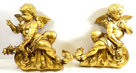 Pair of 19th Century Carved Giltwood Architectural Element Cherubs