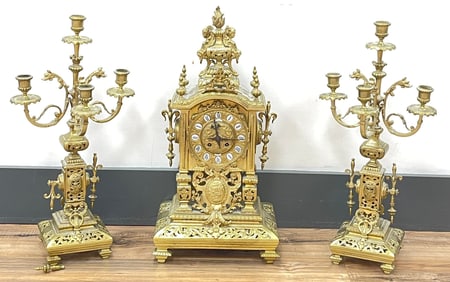 c1880 French Louis XV Style Theodore Starr Gilt Clock And Pr Candleabras