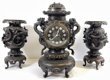 Victorian 3 Piece Asian Motif Clock Set
