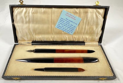 German Art Deco Amber Bakelike 3 Piece Pen Set in Original Box
