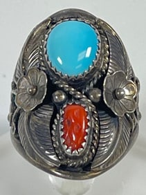 Navajo Native American Turquoise & Coral Sterling Silver Ring size 11