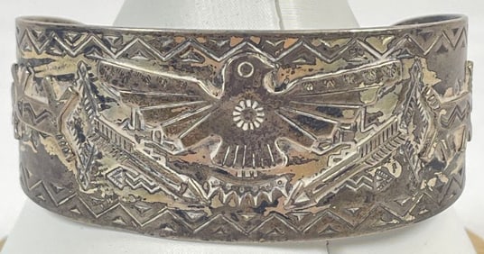 Vintage Navajo Native American Sterling Silver Thunderbird Cuff Bracelet