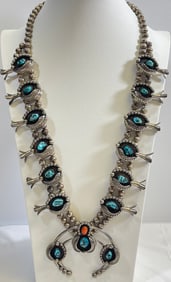 Native American Sterling Turquoise & Coral Squash Blossom Necklace