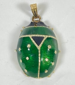 Vintage 14k Yellow Gold & Green Enamel Ladybug Pendant