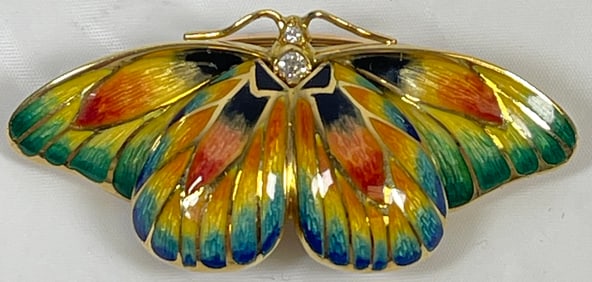 Stunning Designer 18k Yellow Gold Diamond & Enamel Butterfly Brooch