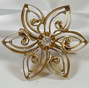 Vintage 14k Yellow Gold & Diamond Floral Pin Brooch