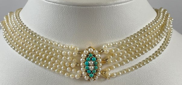 Vintage 14k Yellow Gold Turquoise & Seed Pearl Choker Necklace