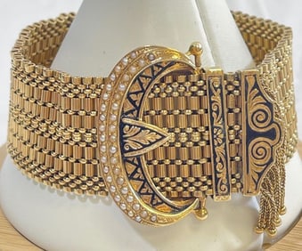 14k Yellow Gold Victorian Enamel & Seed Pearl Tassel Slide Bracelet