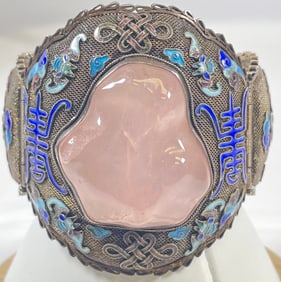 Large Chinese Gilt Silver & Enamel Cuff Bracelet w/ Large Rose Quartz