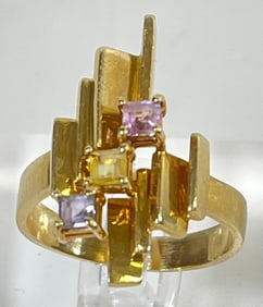 Mid Century Modern 14k Yellow Gold & Multi Gemstone Ring size 8.5