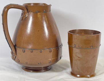 Lot of 2 Doulton Lambeth Copperware Pitcher & Glass