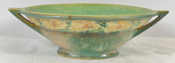 Roseville Dahlrose Art Pottery Double Handle Bowl Blue/Green