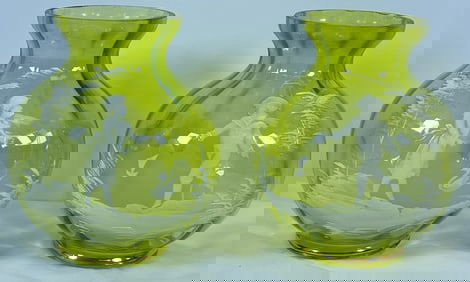 Pair of Mary Gregory Uranium Glass Vases