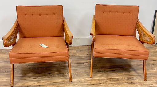 Mid Century Pair Stylish Lounge Chairs with Inset Cane Surround