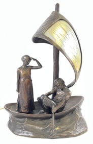 Peter Tereszczuk Bronze & Art Glass Lamp in the Shape of a Boat