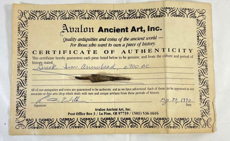 700BC Greek Iron Arrowhead with COA