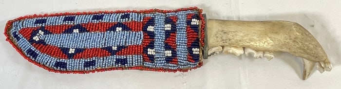 c1890 Native American Blackfoot Beaded Knife Case w/ Bone Handle Knife
