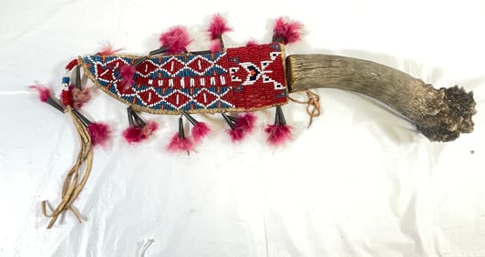c1890 Native American Fast Horse Beaded Knife Case w/ Bone Handle Knife